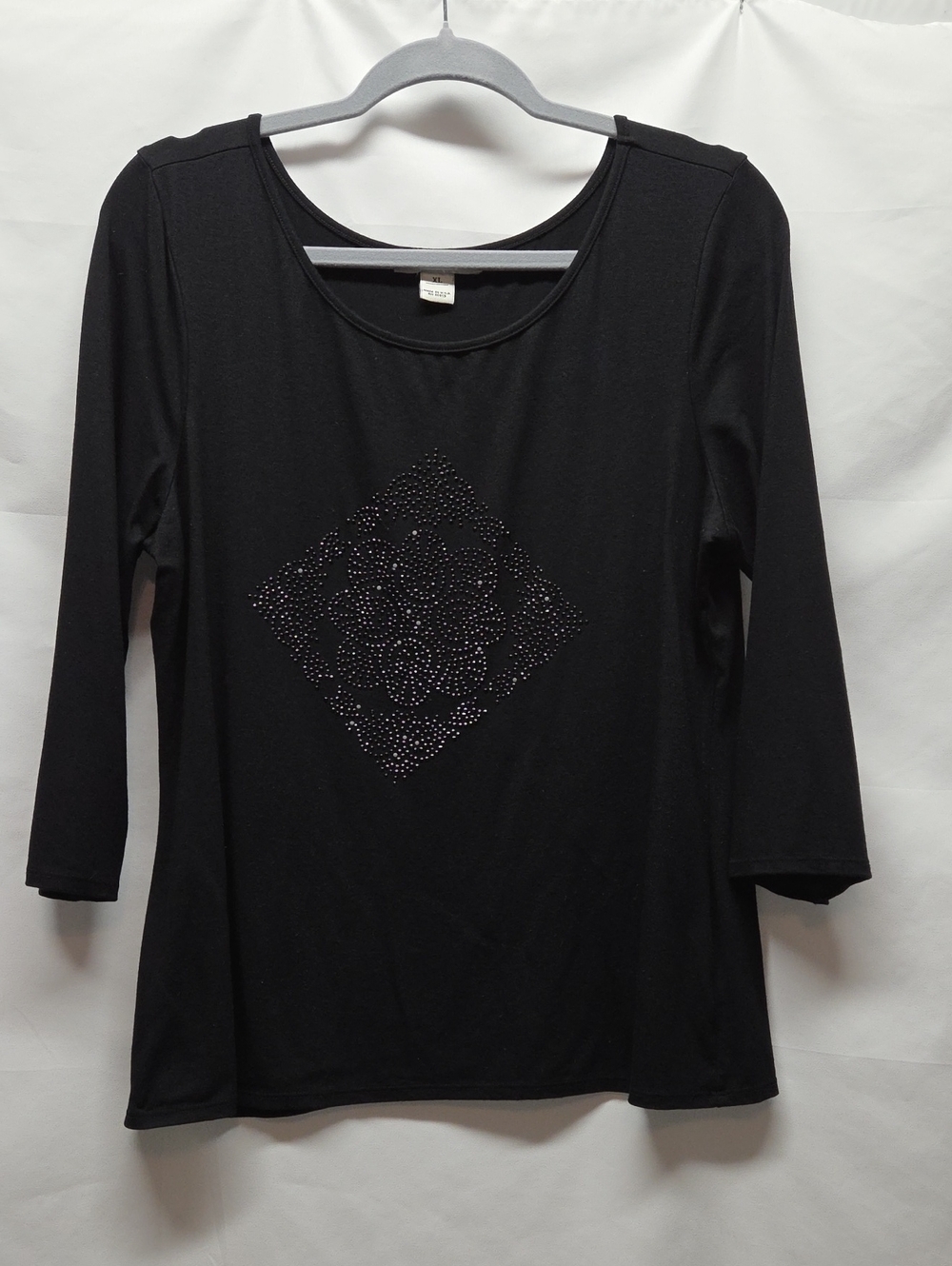 White House Black Market Black Long-Sleeve Top with Studded Diamond Motif